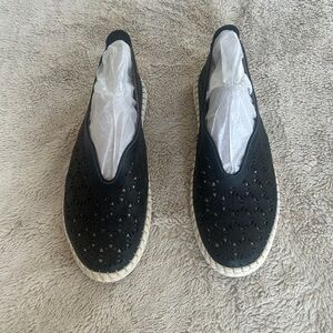 Bueno Women's Black leather Slip-On Laser-Cut Casual Espadrille